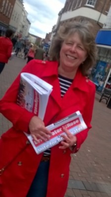 Kathy Pearce , deputy Town Leader, handing out the parties manifesto at the last election